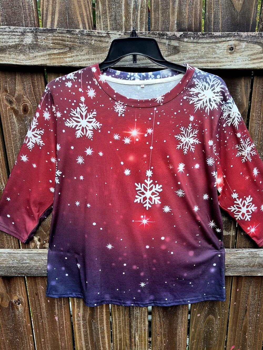Christmas Snowflakes Burgundy Polyester T-Shirt Tunic 2XL Women 3/4 Sleeves
